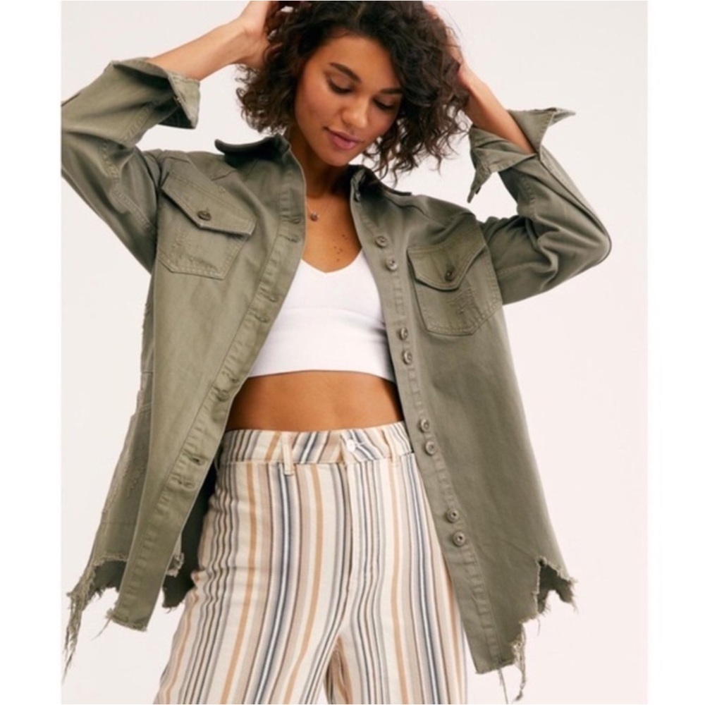 Free People Moonchild Denim Shirt Jacket in Olive size S